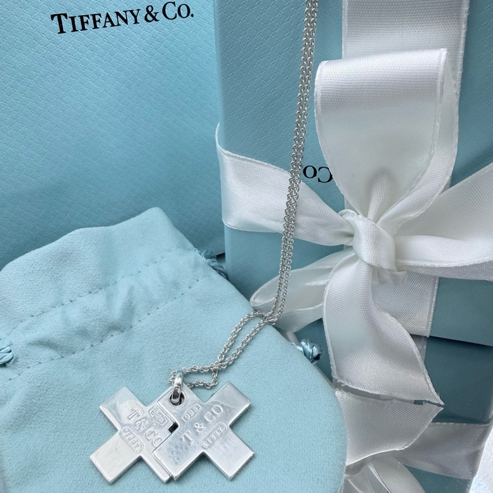 Authenticated Tiffany & Co 1837 Double Cross Necklace Sterling Silver Rare 18”